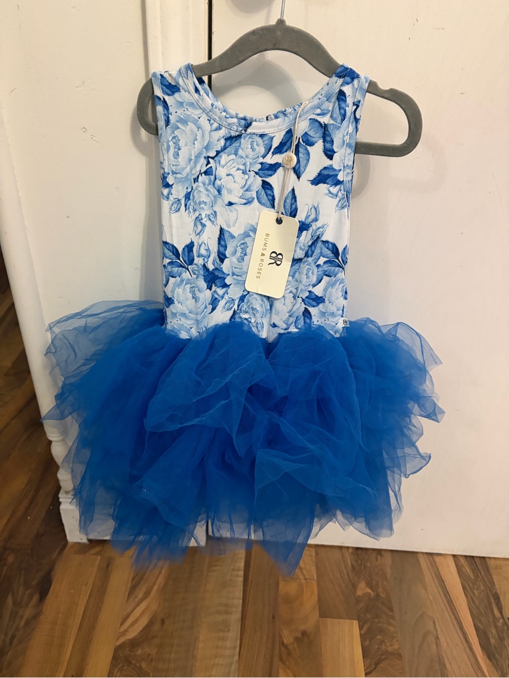 Bums & Roses Blue Floral Tulle Tutu Party Bodysuit Bamboo Dress, 4T, NWT